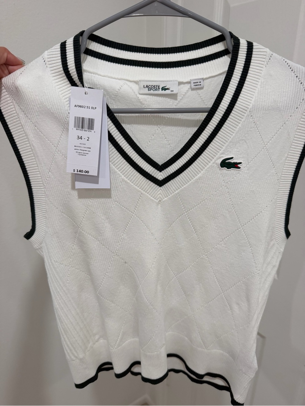 Lacoste White Knit V-Neck Sleeveless Sweater Vest with Black Trim
